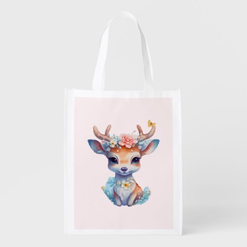 Cute Baby Deer with Antlers and Flowers Grocery Bag