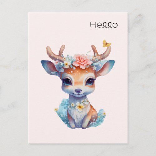 Cute Baby Deer with Antlers and Flowers Hello Postcard