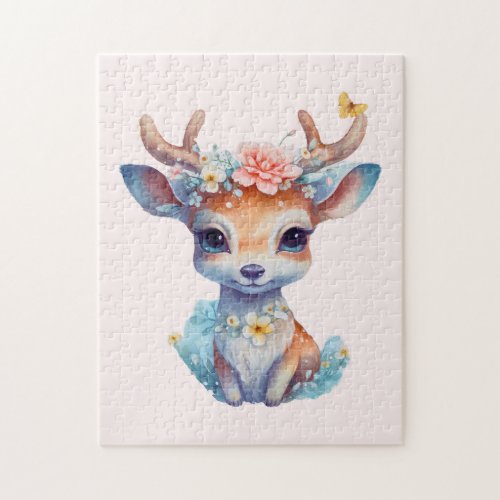 Cute Baby Deer with Antlers and Flowers Jigsaw Puzzle