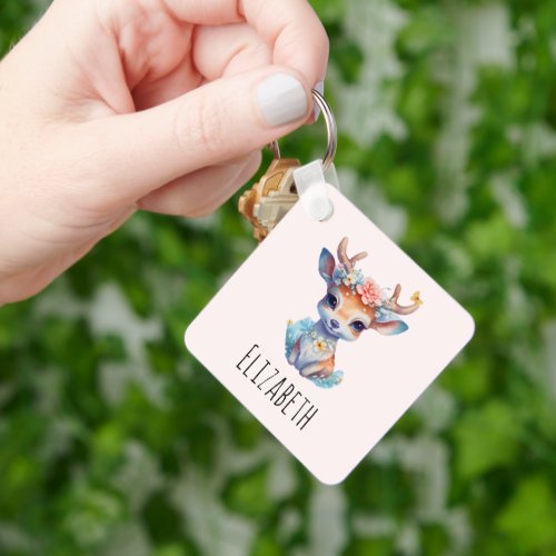 Cute Baby Deer with Antlers and Flowers Keychain