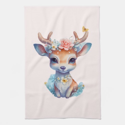 Cute Baby Deer with Antlers and Flowers Kitchen Towel