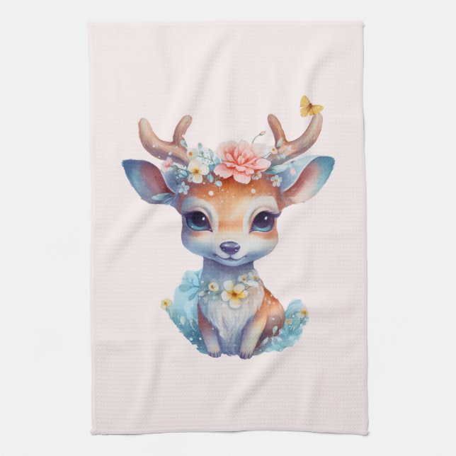 Cute Baby Deer with Antlers and Flowers Kitchen Towel (Vertical)
