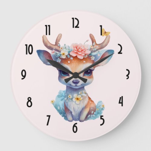 Cute Baby Deer with Antlers and Flowers Large Clock