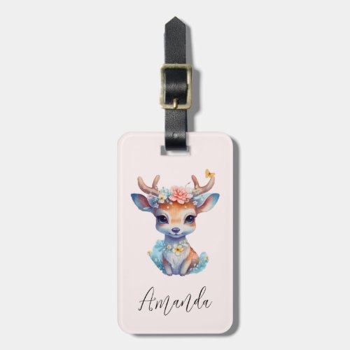 Cute Baby Deer with Antlers and Flowers Luggage Tag