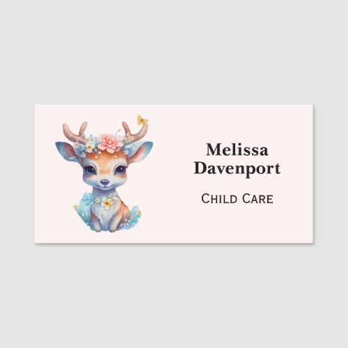Cute Baby Deer with Antlers and Flowers Name Tag