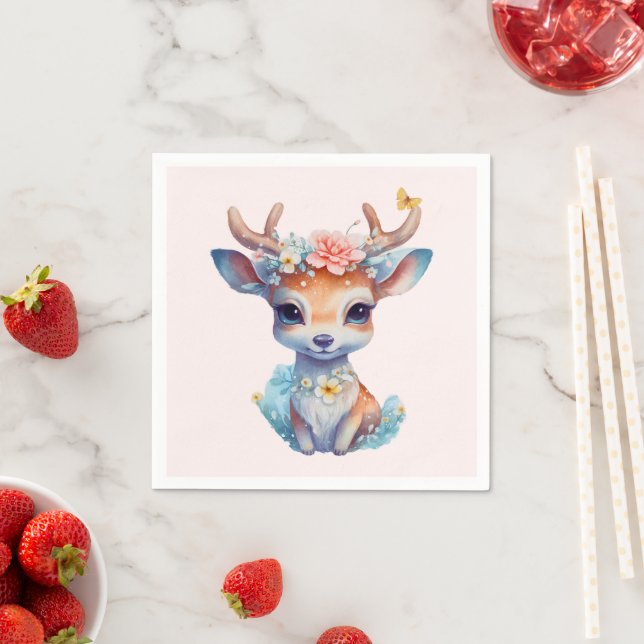 Cute Baby Deer with Antlers and Flowers Napkins (Insitu)