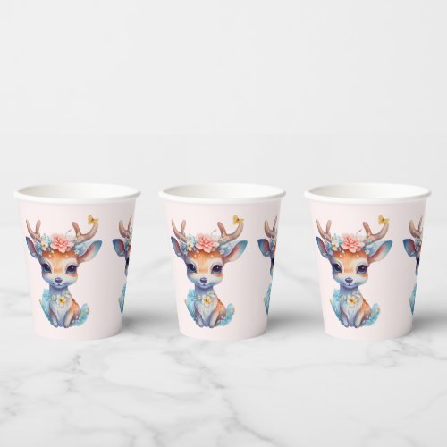 Cute Baby Deer with Antlers and Flowers Paper Cups