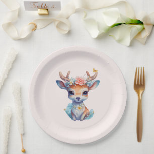 Cute Baby Deer with Antlers and Flowers Paper Plates