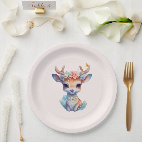 Cute Baby Deer with Antlers and Flowers Paper Plates