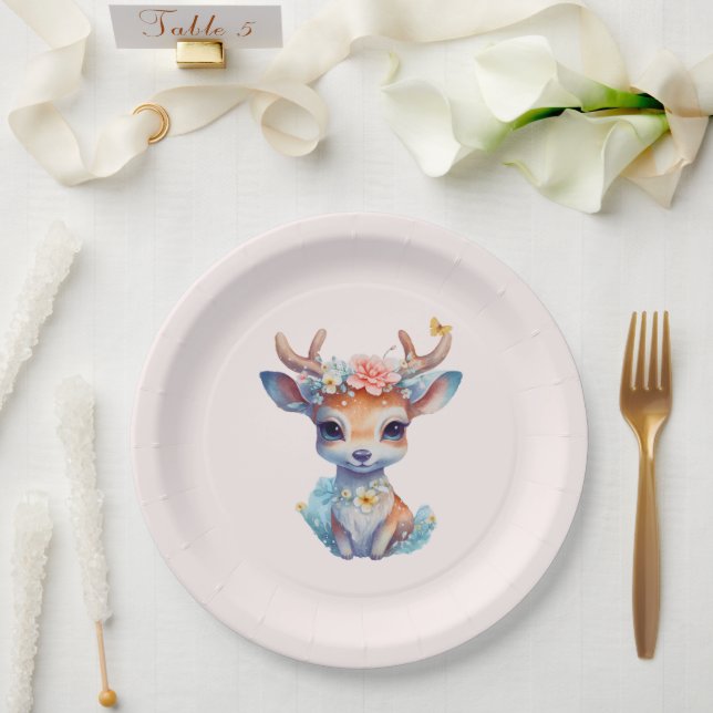 Cute Baby Deer with Antlers and Flowers Paper Plates (Wedding)
