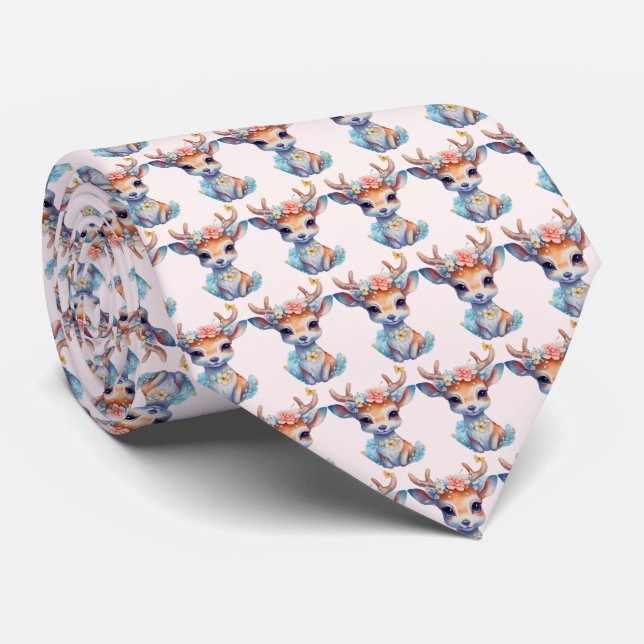 Cute Baby Deer with Antlers and Flowers Pattern Neck Tie (Rolled)