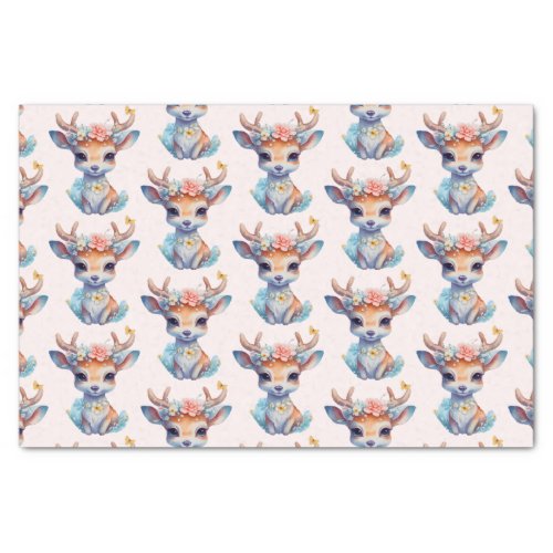 Cute Baby Deer with Antlers and Flowers Pattern Tissue Paper