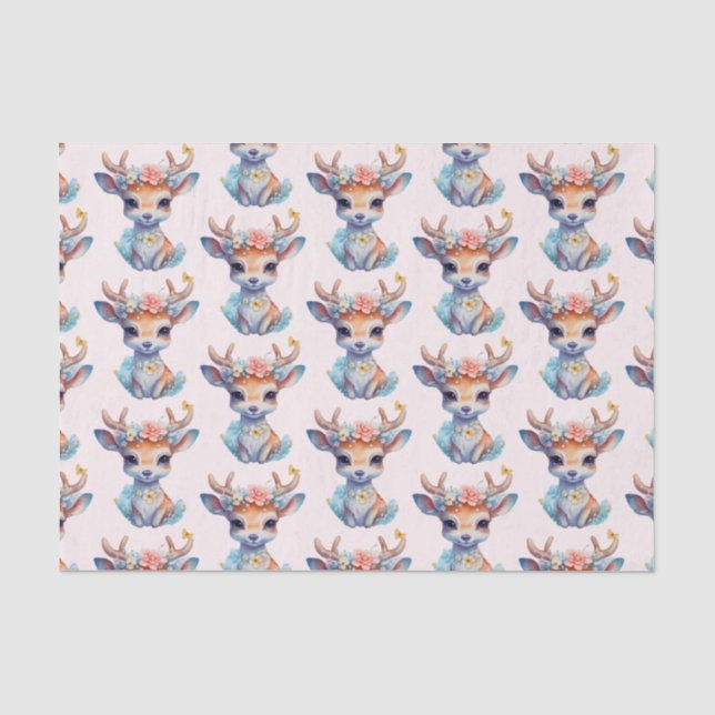 Cute Baby Deer with Antlers and Flowers Pattern Tissue Paper (Front)
