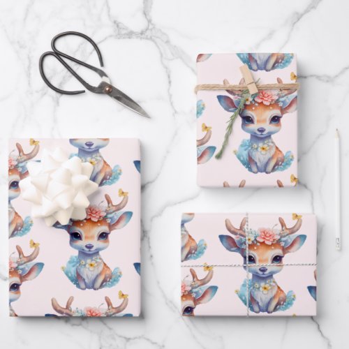Cute Baby Deer with Antlers and Flowers Pattern Wrapping Paper Sheets