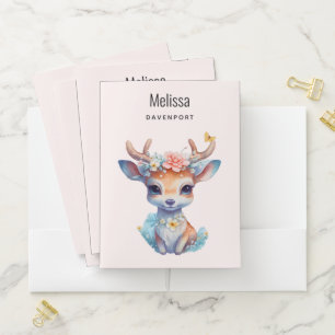 Cute Baby Deer with Antlers and Flowers Pocket Folder