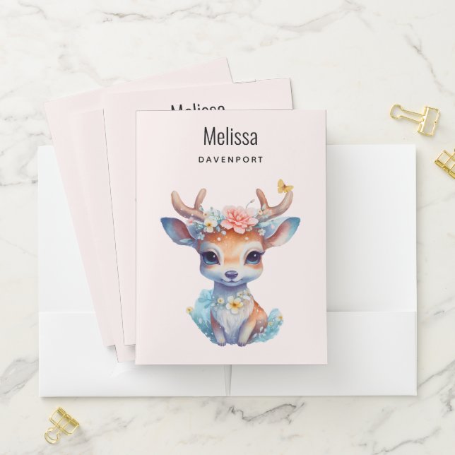 Cute Baby Deer with Antlers and Flowers Pocket Folder (In Situ)