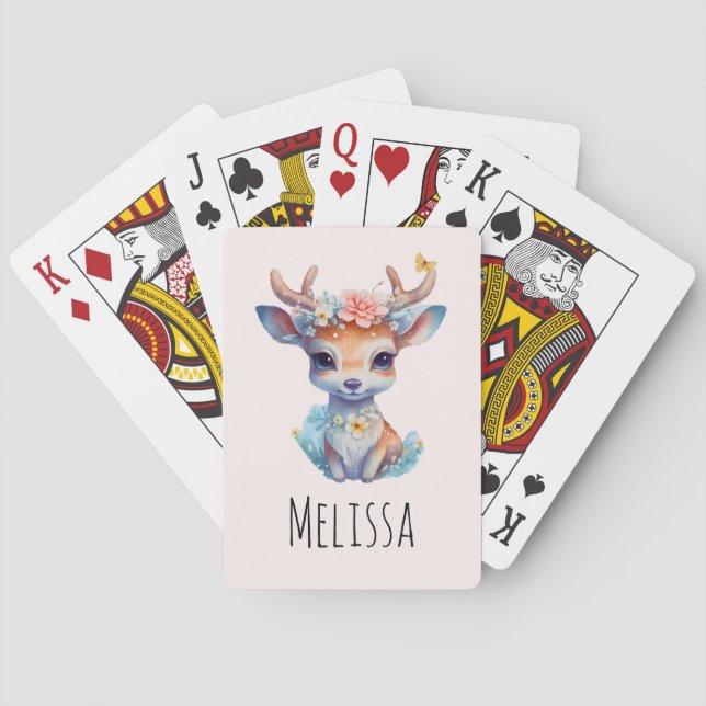 Cute Baby Deer with Antlers and Flowers Poker Cards (Back)