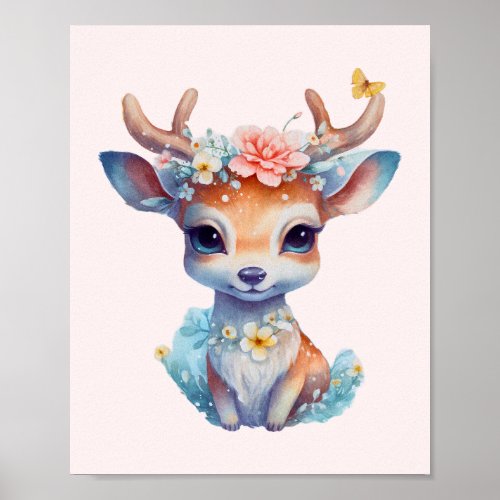 Cute Baby Deer with Antlers and Flowers Poster