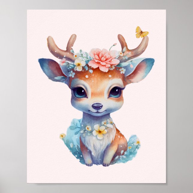 Cute Baby Deer with Antlers and Flowers Poster (Front)