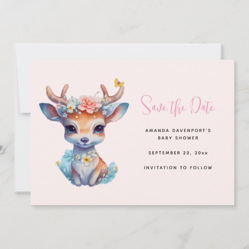 Cute Baby Deer with Antlers and Flowers Save The Date