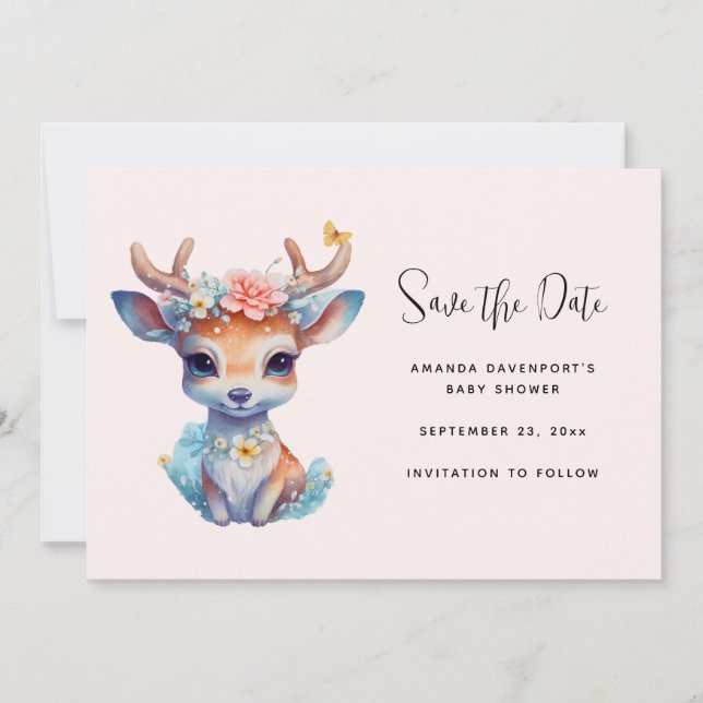 Cute Baby Deer with Antlers and Flowers Save The Date (Front)
