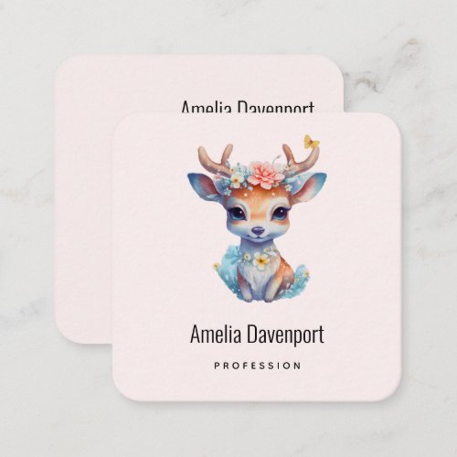 Cute Baby Deer with Antlers and Flowers Square Business Card