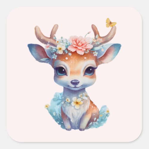 Cute Baby Deer with Antlers and Flowers Square Sticker
