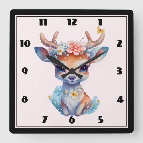 Cute Baby Deer with Antlers and Flowers Square Wall Clock