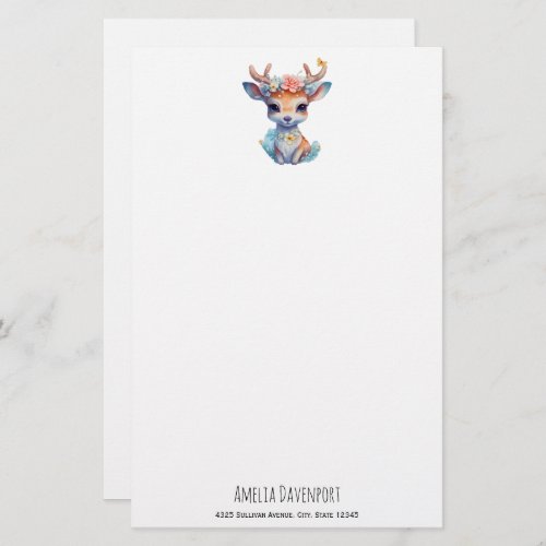 Cute Baby Deer with Antlers and Flowers Stationery