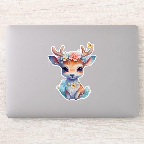 Cute Baby Deer with Antlers and Flowers Sticker