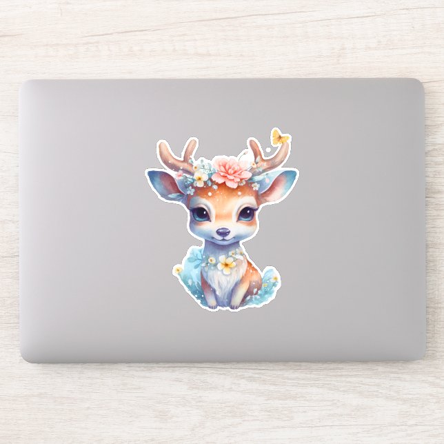 Cute Baby Deer with Antlers and Flowers Sticker (Computer)
