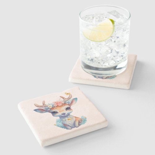 Cute Baby Deer with Antlers and Flowers Stone Coaster