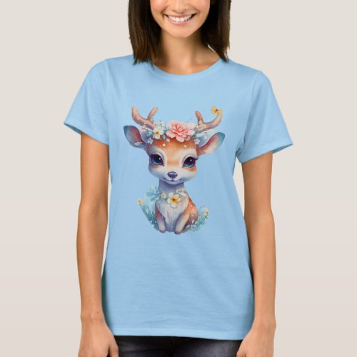 Cute Baby Deer with Antlers and Flowers T_Shirt