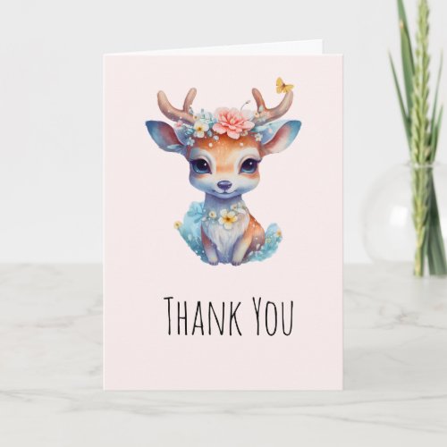 Cute Baby Deer with Antlers and Flowers Thank You Card