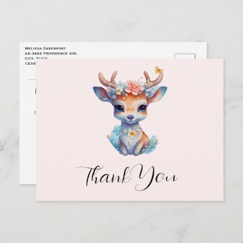 Cute Baby Deer with Antlers and Flowers Thank You Postcard
