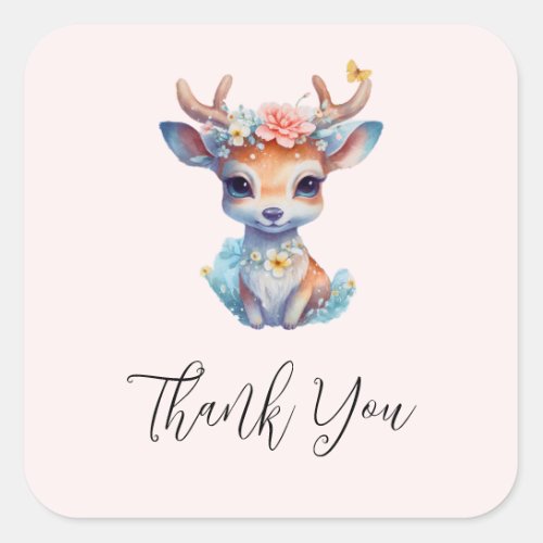 Cute Baby Deer with Antlers and Flowers Thank You Square Sticker