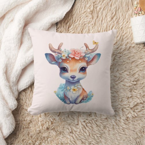Cute Baby Deer with Antlers and Flowers Throw Pillow