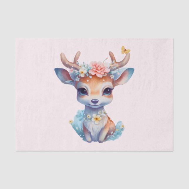 Cute Baby Deer with Antlers and Flowers Tissue Paper (Front)