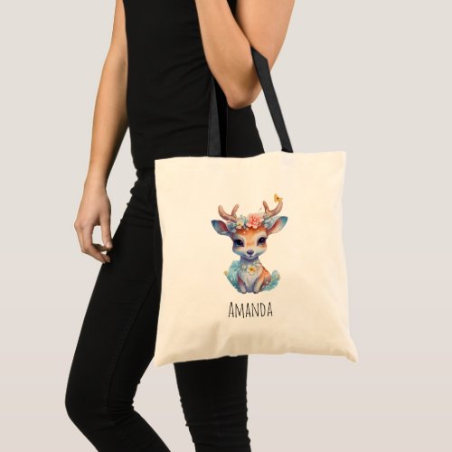 Cute Baby Deer with Antlers and Flowers Tote Bag