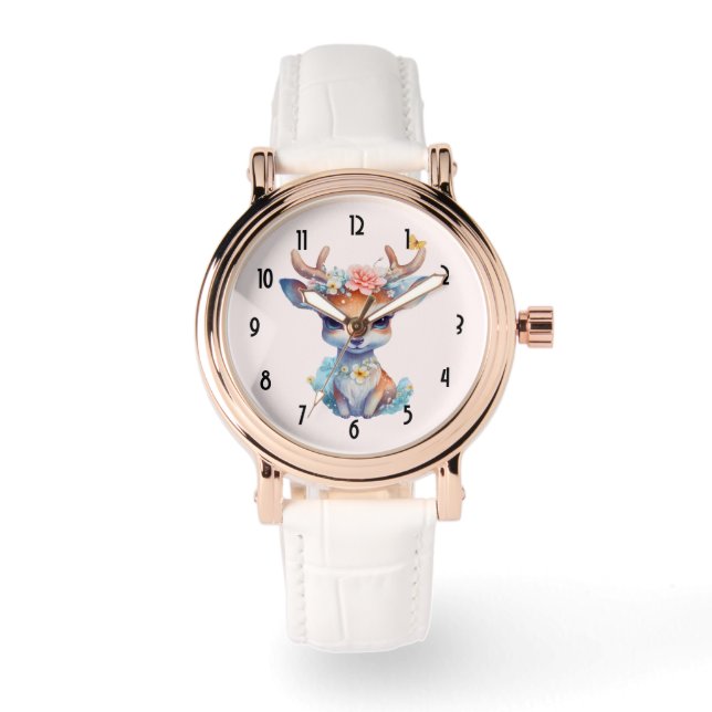 Cute Baby Deer with Antlers and Flowers Watch (Front)