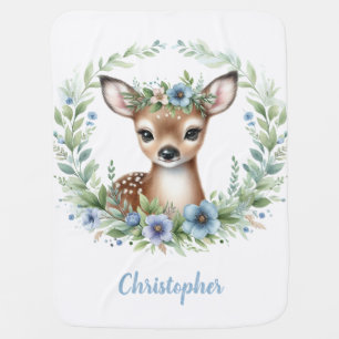 Cute Baby Deer with Blue Floral Blanket
