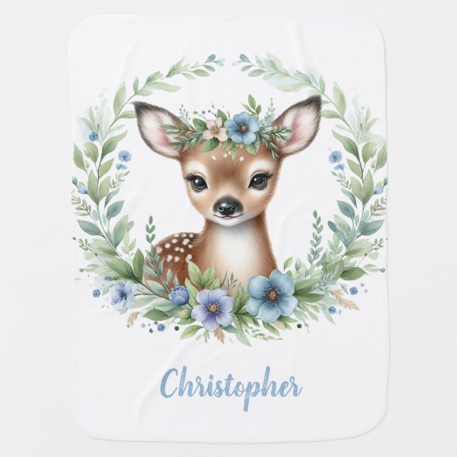 Cute Baby Deer with Blue Floral Blanket (Front)
