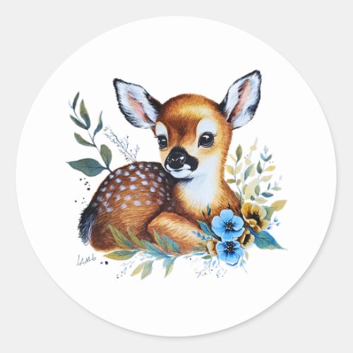 Cute Baby Deer with Blue Flowers Classic Round Sticker