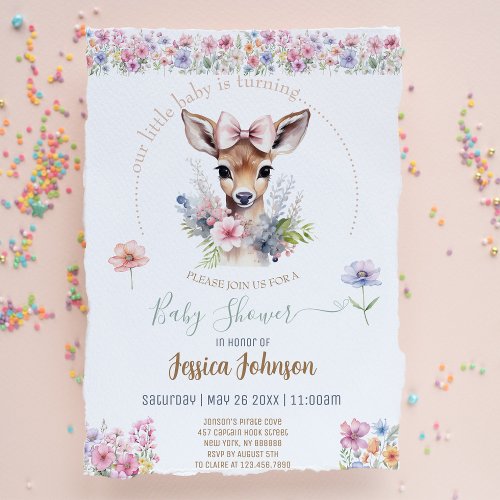 Cute Baby Deer with Wildflower Baby Shower Invitation
