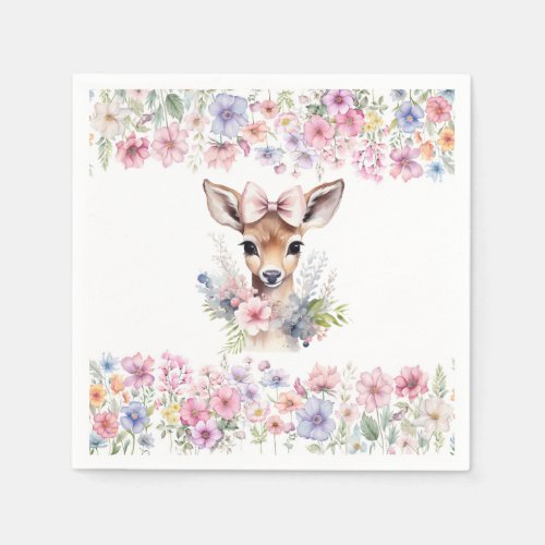 Cute Baby Deer with Wildflower Baby Shower Napkins