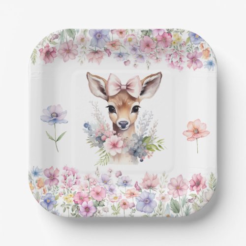 Cute Baby Deer with Wildflower Baby Shower Paper Plates