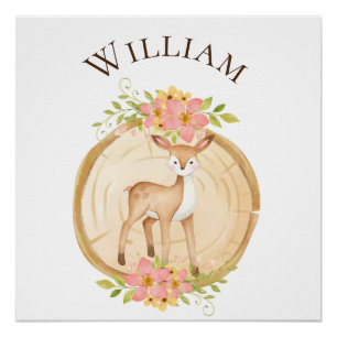 Cute Baby Deer Woodland Name Poster