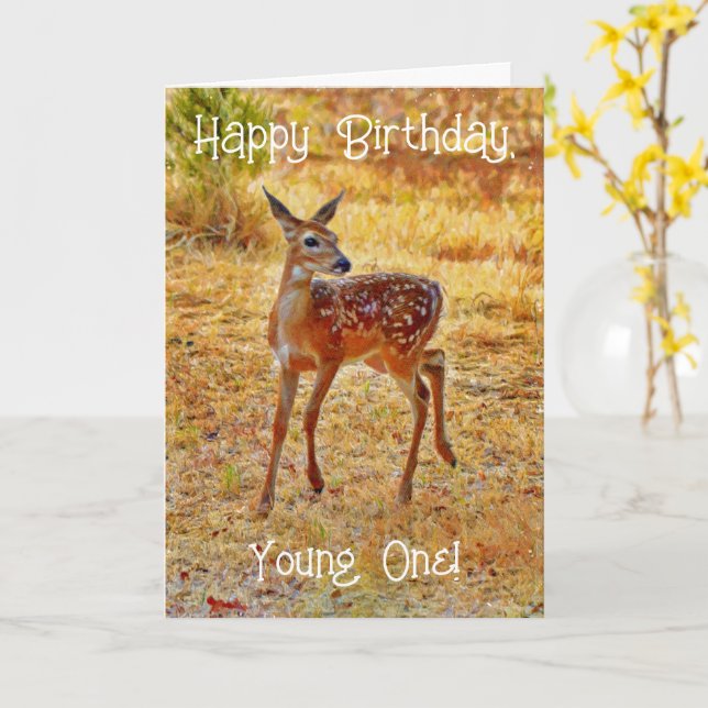 Cute Baby Deer Young One Birthday Card (Yellow Flower)