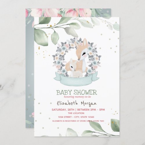 Cute Baby Deers Stars Leaves Baby Shower Invitation