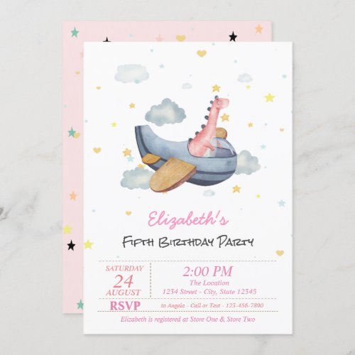 Cute Baby Dino Airplane Stars Birthday  Invitation